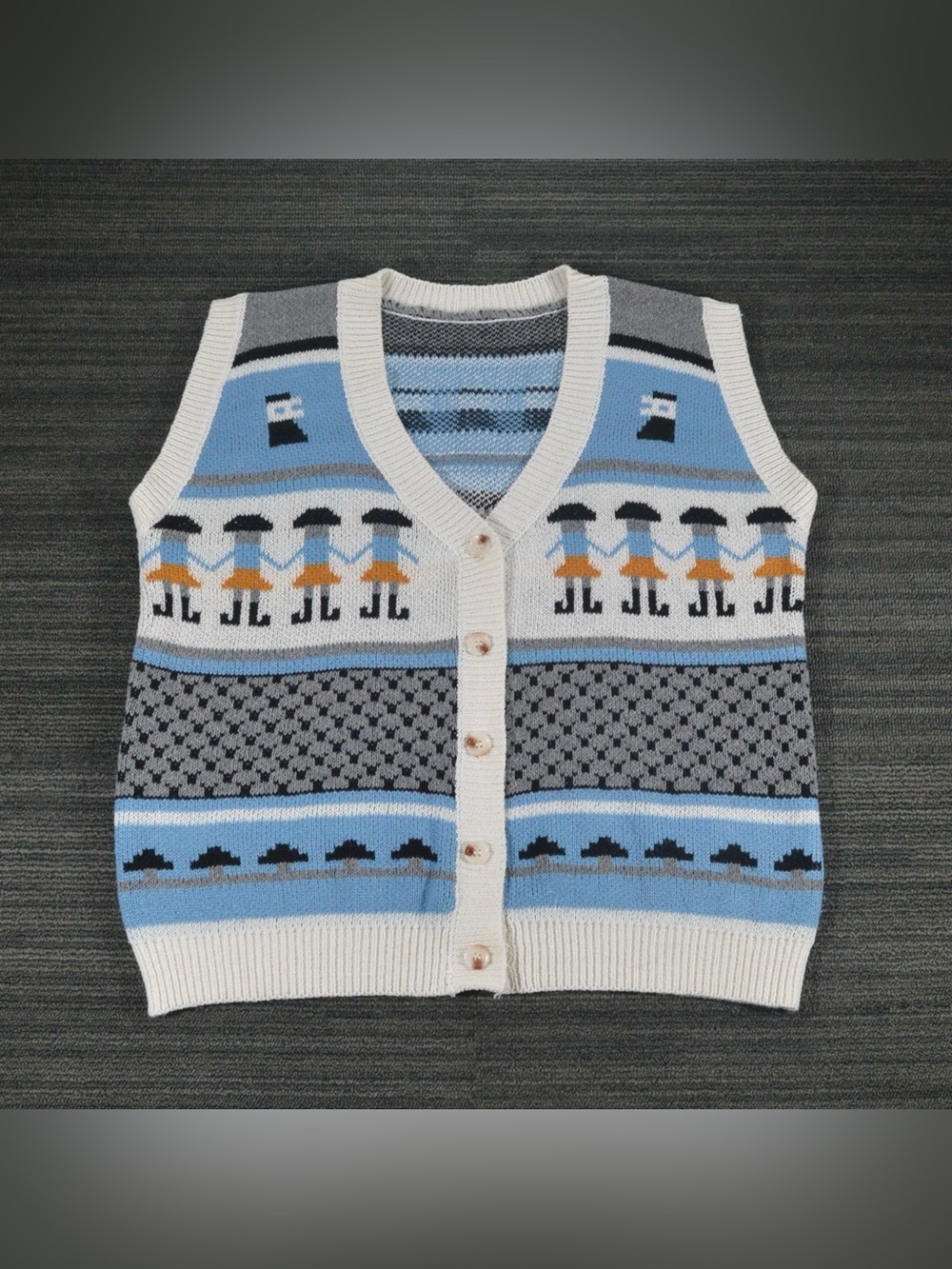 Folk Art People Motif Button Sweater Vest M/L